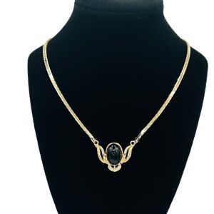 Vintage 1990s Gold Tone Herringbone Necklace - 18" Black Lucite & Rhinestone